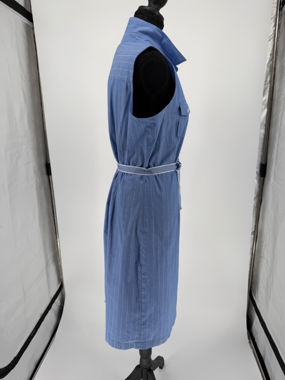 Ann Taylor Blue White Pinstripe Sleeveless Button Front Shirt Dress 12 - Picture 9 of 12